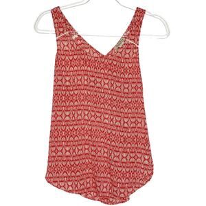 LUCKY BRAND Printed Tank Top Split Back Racerback Geometric-Pattern Red White XS